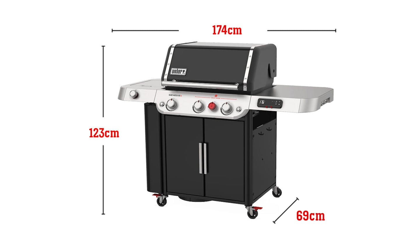 Può contenere 20 hamburger realizzati con una pressa per hamburger Weber, area di cottura totale 4316 cm quadrati, input bruciatori 39.000 Btu/ora, Sear Zone, bruciatore laterale