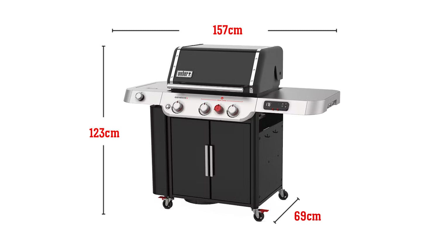 Può contenere 20 hamburger realizzati con una pressa per hamburger Weber, area di cottura totale 4316 cm quadrati, input bruciatori 39.000 Btu/ora, Sear Zone, bruciatore laterale