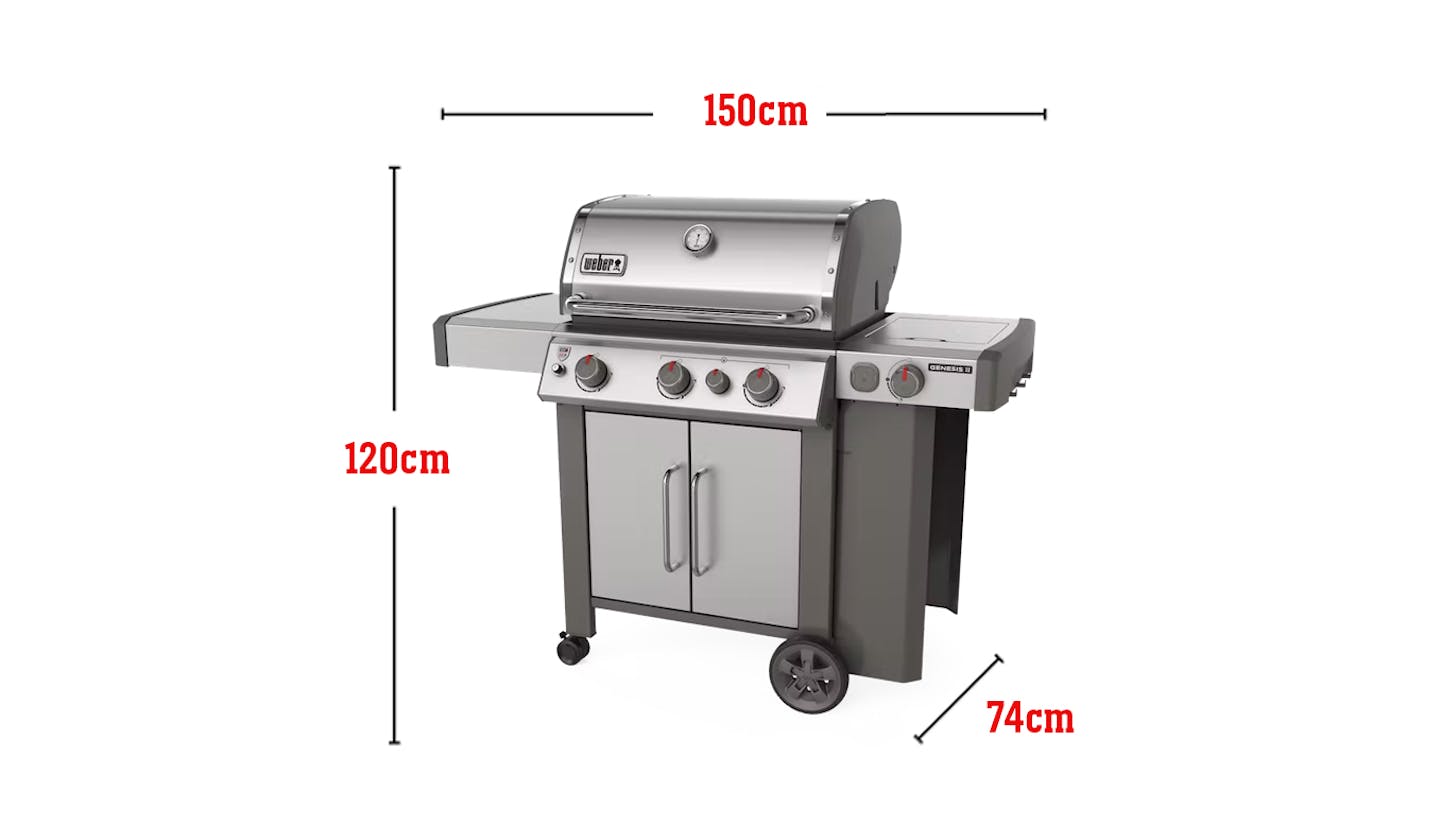 Geschikt voor 20 hamburgers gemeten met een Weber-hamburgerpers, totaal grilloppervlak 4316 cm2, invoerbranders 39.000 Btu per uur, Sear Zone, zijbrander