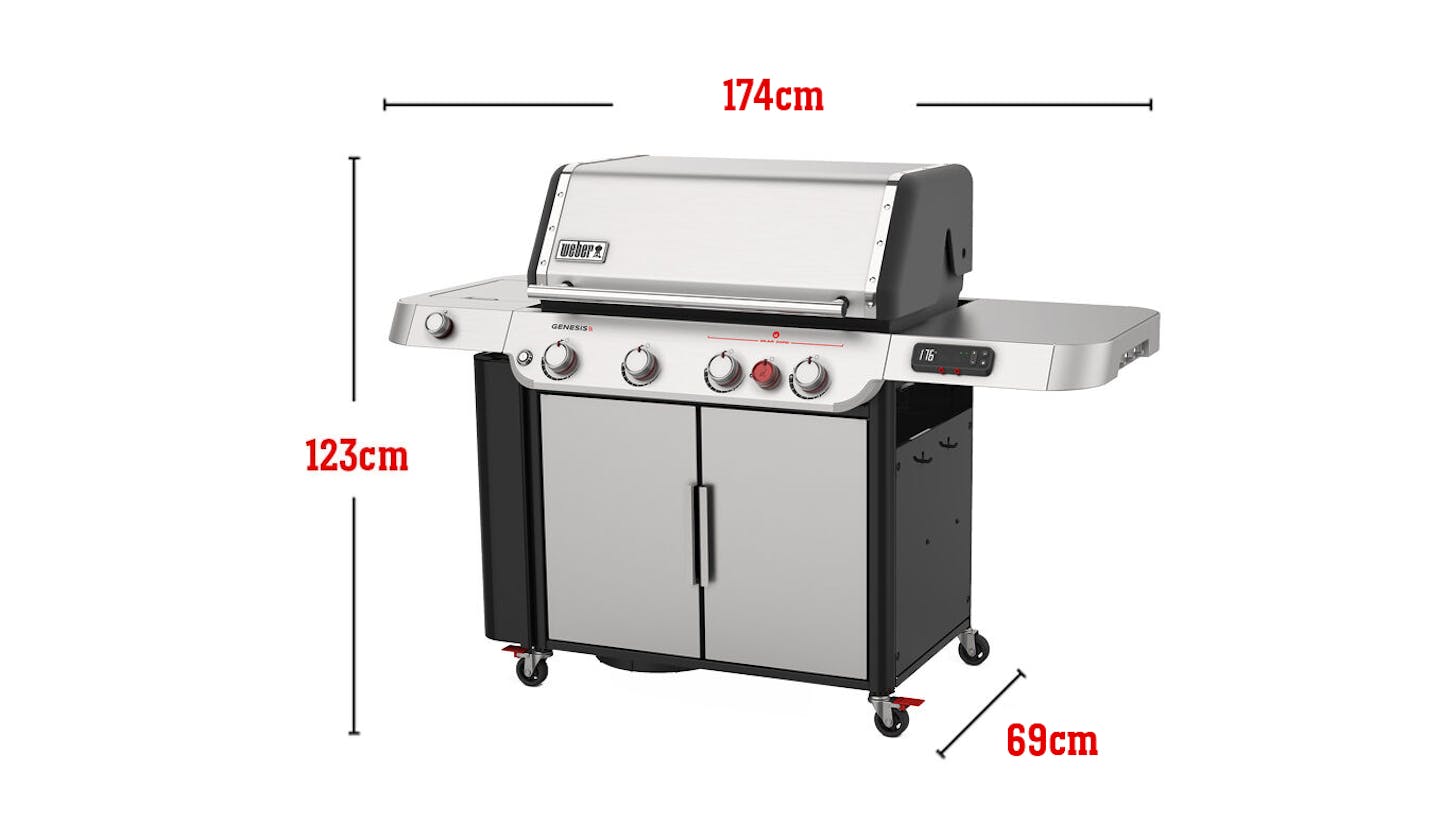 Può contenere 20 hamburger realizzati con una pressa per hamburger Weber, area di cottura totale 4316 cm quadrati, input bruciatori 39.000 Btu/ora, Sear Zone, bruciatore laterale