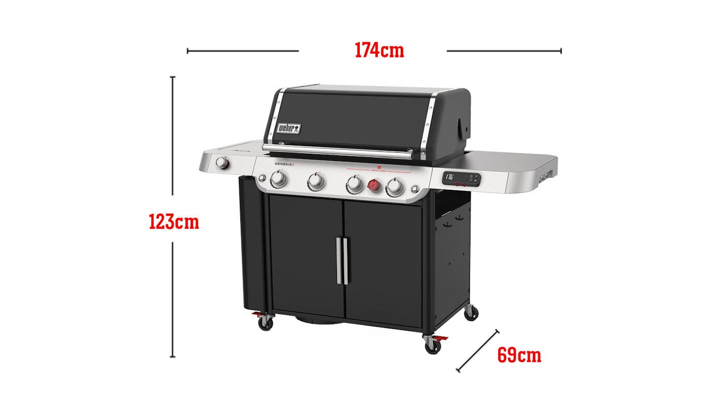 Può contenere 20 hamburger realizzati con una pressa per hamburger Weber, area di cottura totale 4316 cm quadrati, input bruciatori 39.000 Btu/ora, Sear Zone, bruciatore laterale