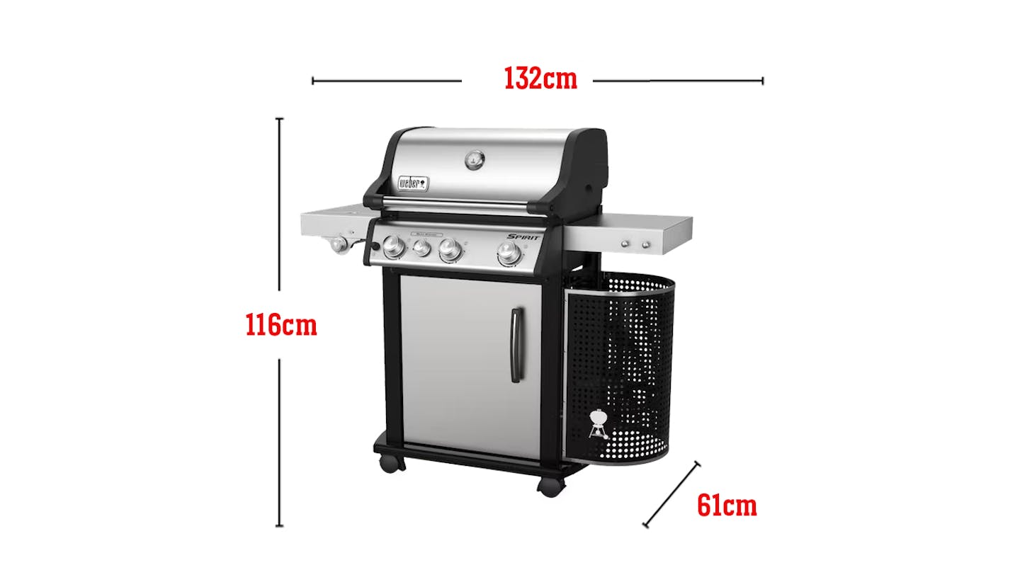 Capacidad para 15 hamburguesas medidas con una prensa para hamburguesas Weber, área de cocción total de 3413 cm², quemadores de 32.000 BTU/h, Sear Zone, quemador lateral