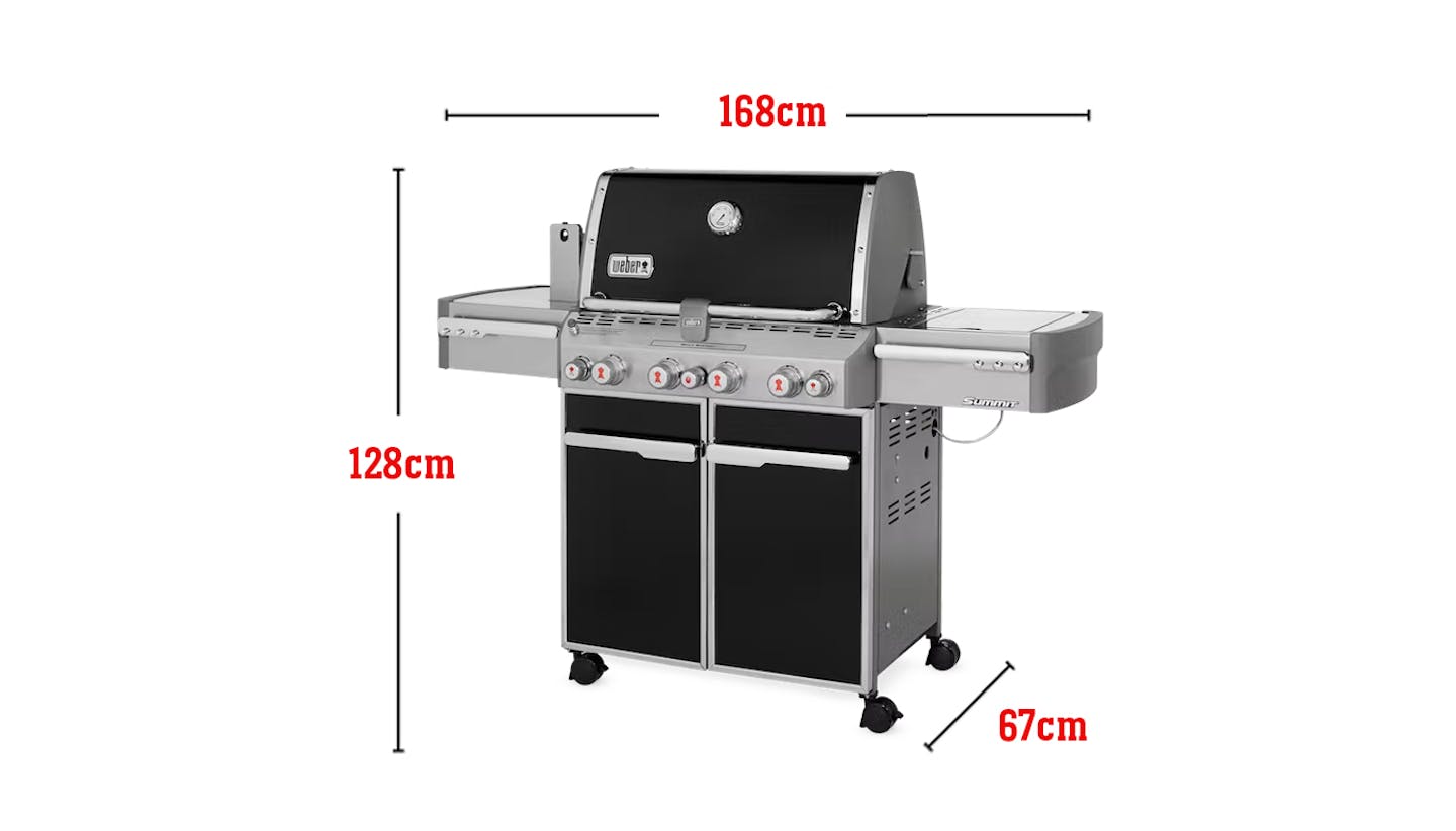 Fits 20 Burgers Measured with a Weber Burger Press, Total cooking area 3,742 square cm, 48,000 Btu-Per-Hour Input Burners, Sear, Sauté, Smoke, Roast