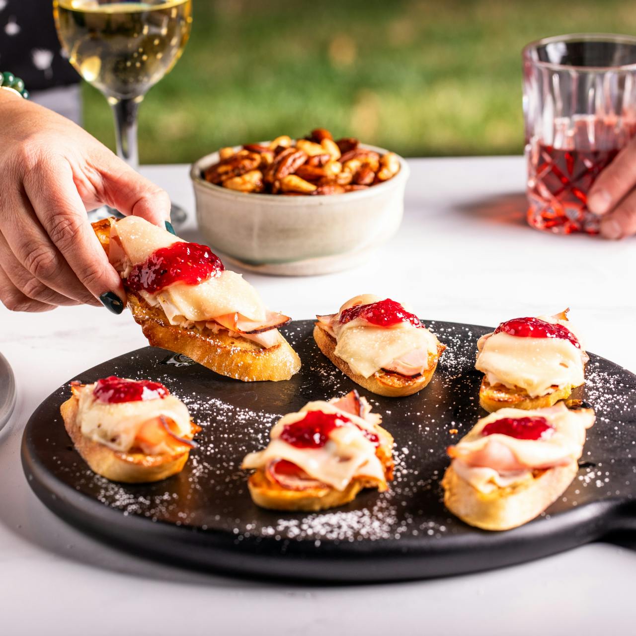 Monte cristo crostini bites on a platter 