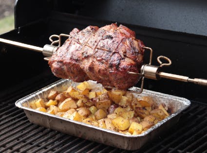 Greek-style Rotisserie Leg of Lamb with Lemony Roast Potatoes