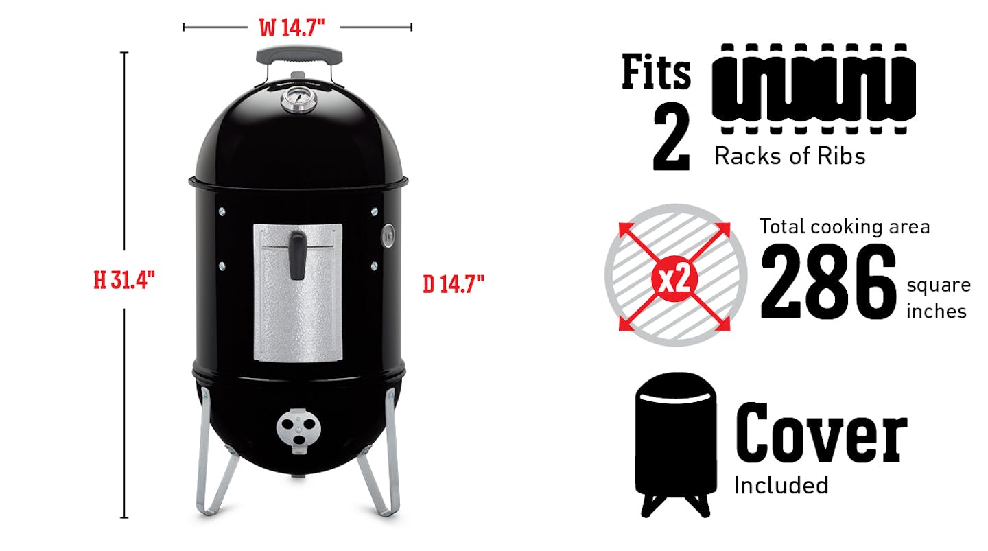 Fits 2 racks of ribs, Total cooking area 286 square inches, cover included