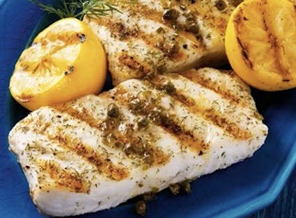 Halibut with Grill-Roasted Lemon and Caper Dressing 