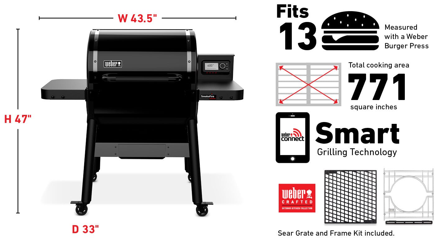 Fits 13 Burgers Measured with a Weber Burger Press, Total cooking area 669 square inches, Weber Connect Smart Grilling Technology