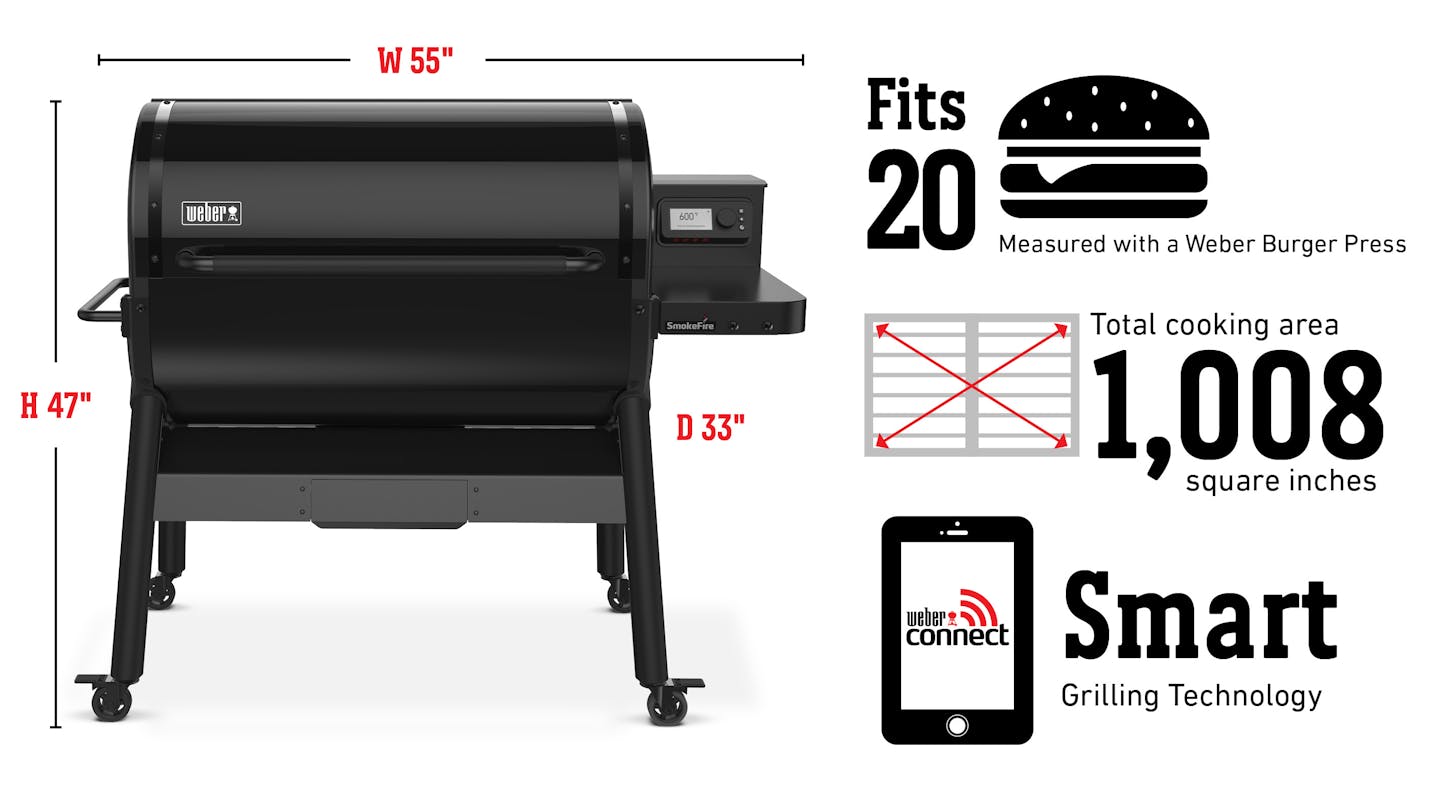 Fits 20 Burgers Measured with a Weber Burger Press, Total cooking area 1,008 square inches, Weber Connect Smart Grilling Technology