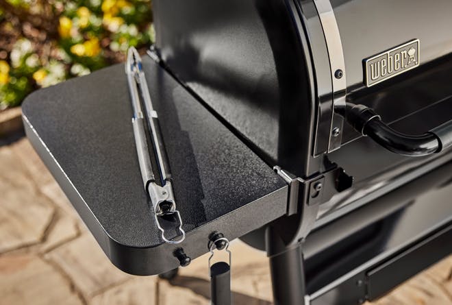 Weber SmokeFire Wood Pellet Grill, large side table, tongs