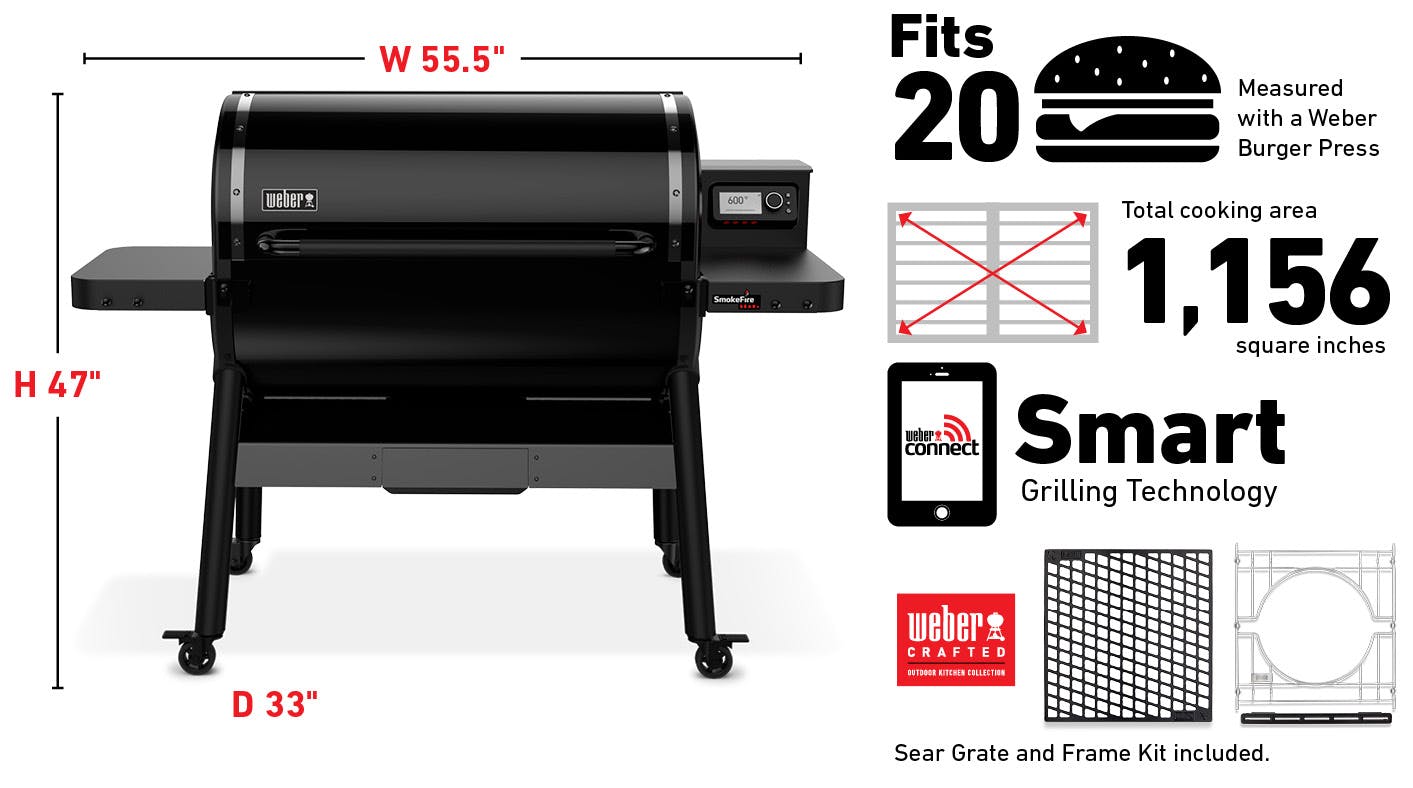 Fits 13 Burgers Measured with a Weber Burger Press, Total cooking area 669 square inches, Weber Connect Smart Grilling Technology